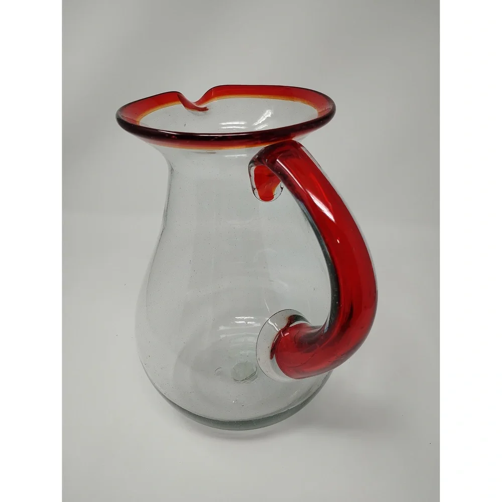 Boho Minimalist Mexican Style Hand Blown Glass Pitcher Recycled Serving Carafe